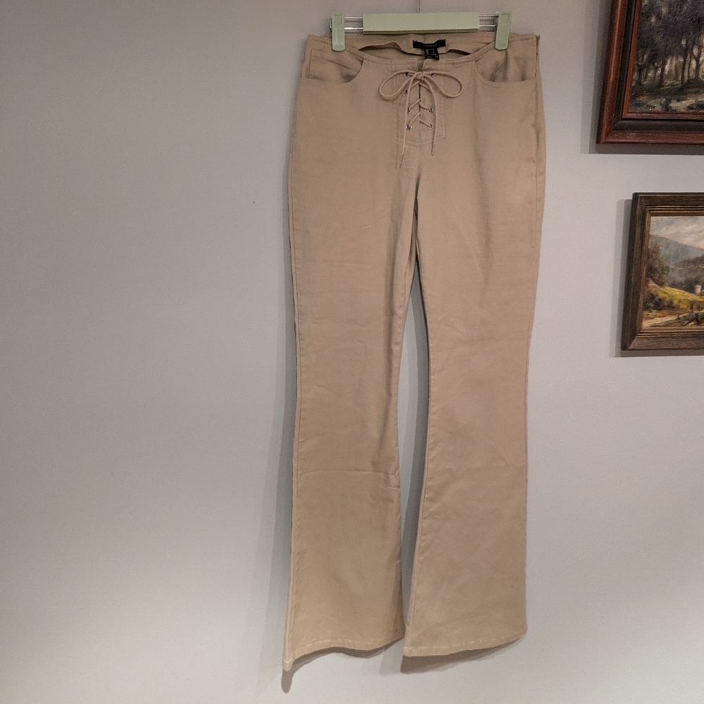 NEW Forever 21 Juniors Large Wmns Medium LaceUp Detail Flare Pant Tan Hippie 195